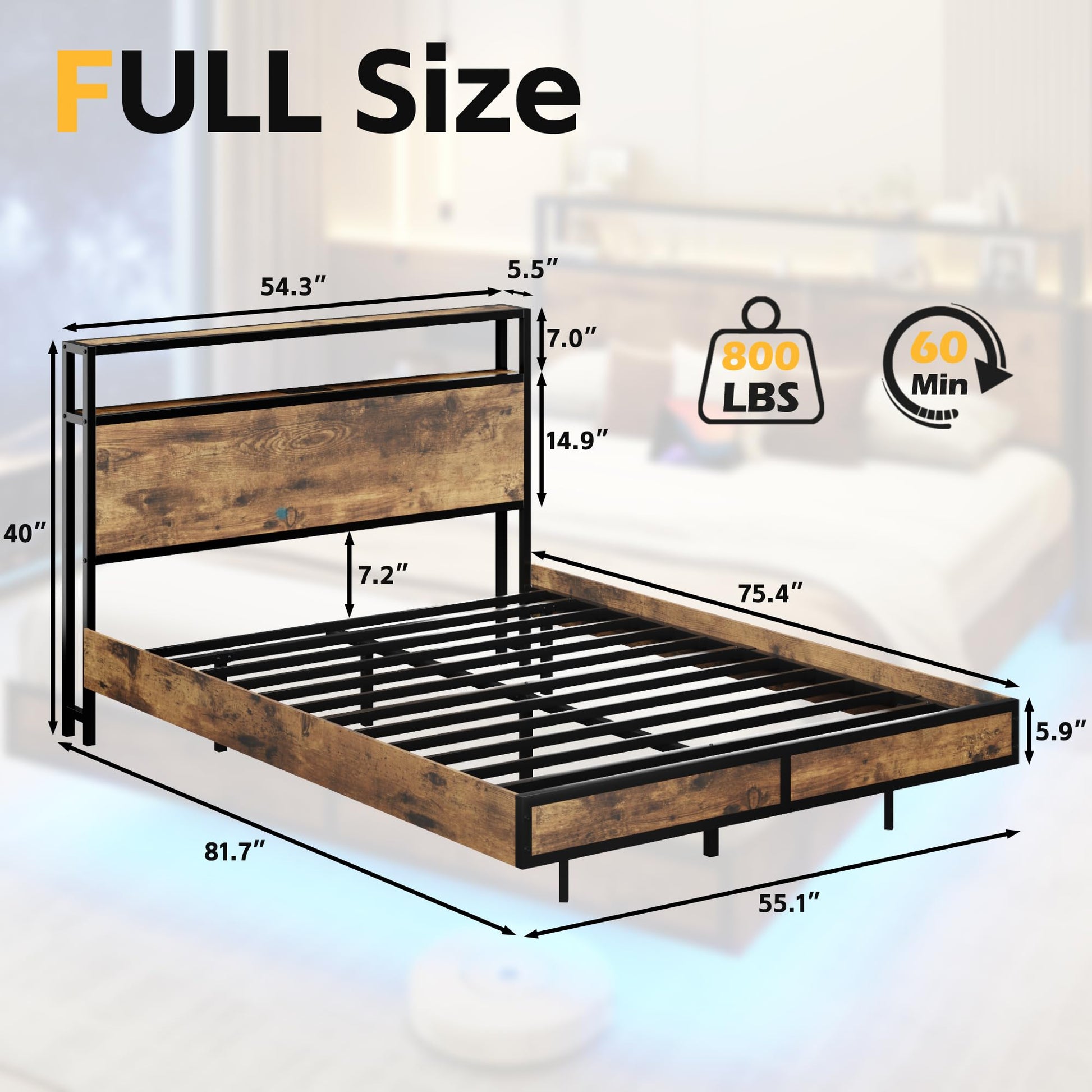 HISOFT Vintage Brown Floating Full Bed Frame with LED Lighting and Storage Headboard - WoodArtSupply