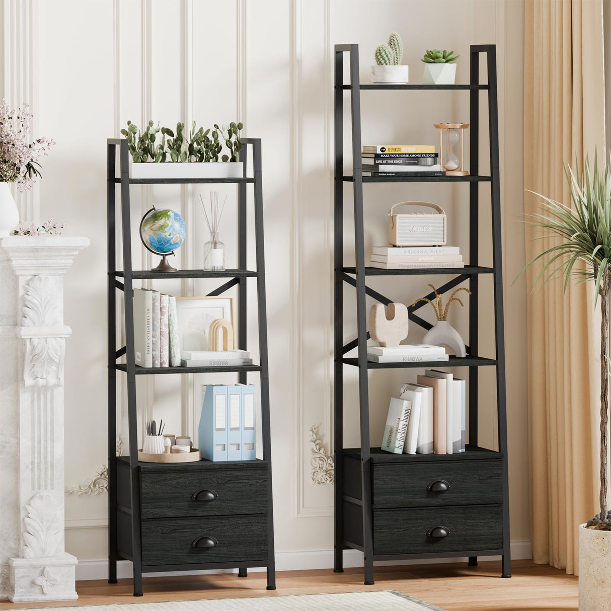 Furologee 4-Tier Ladder Shelf,Small Bookshelf with 2 Drawers,Vertical Bookcase Storage Rack Organizer,Display Bookshelves for Living Room,Bedroom,Bathroom,Home Office,Kitchen,Rustic Brown,Black Oak Furologee
