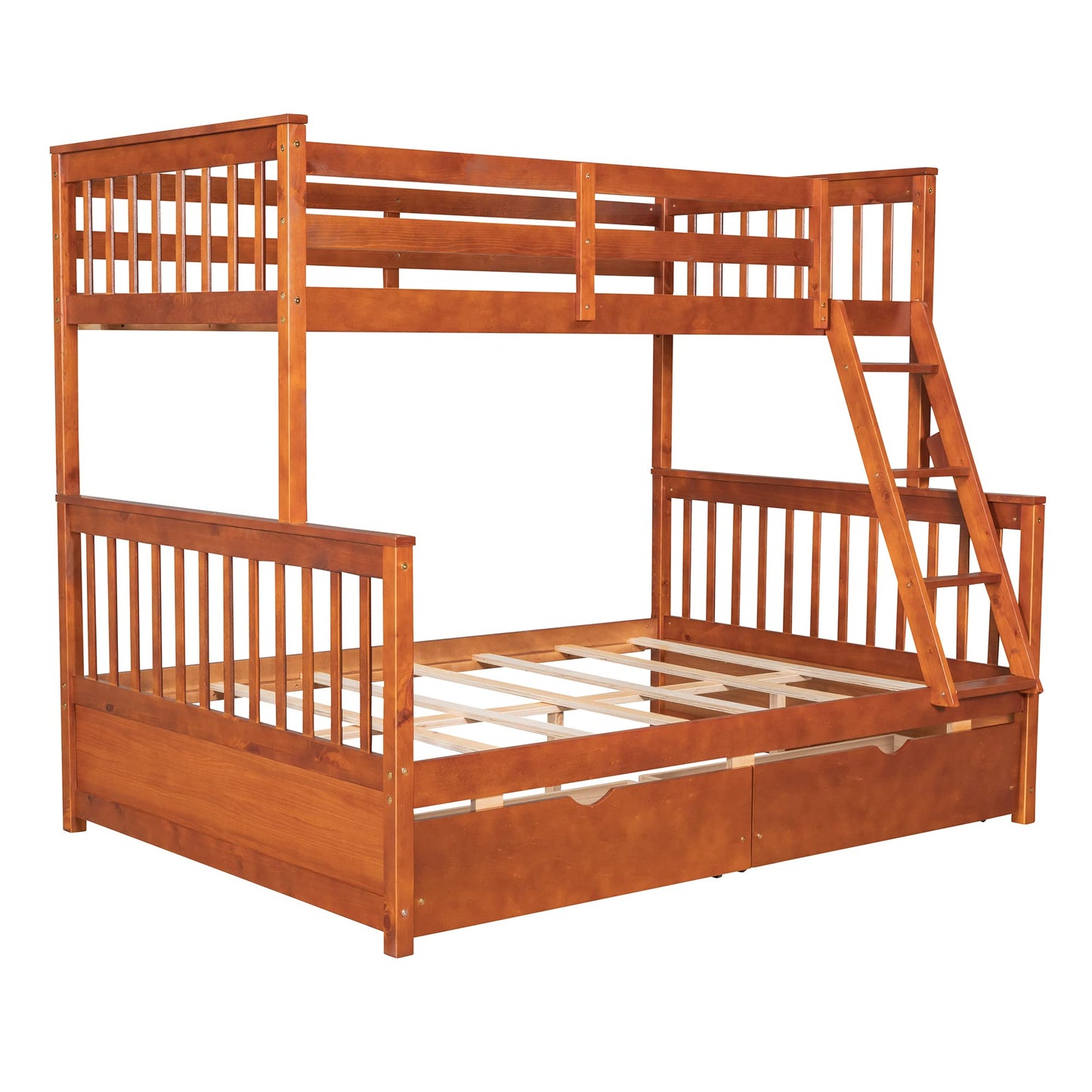 Merax Walnut Convertible Wood Bunk Bed Frame with Ladders and Storage Drawers - Twin Over Full Size - WoodArtSupply