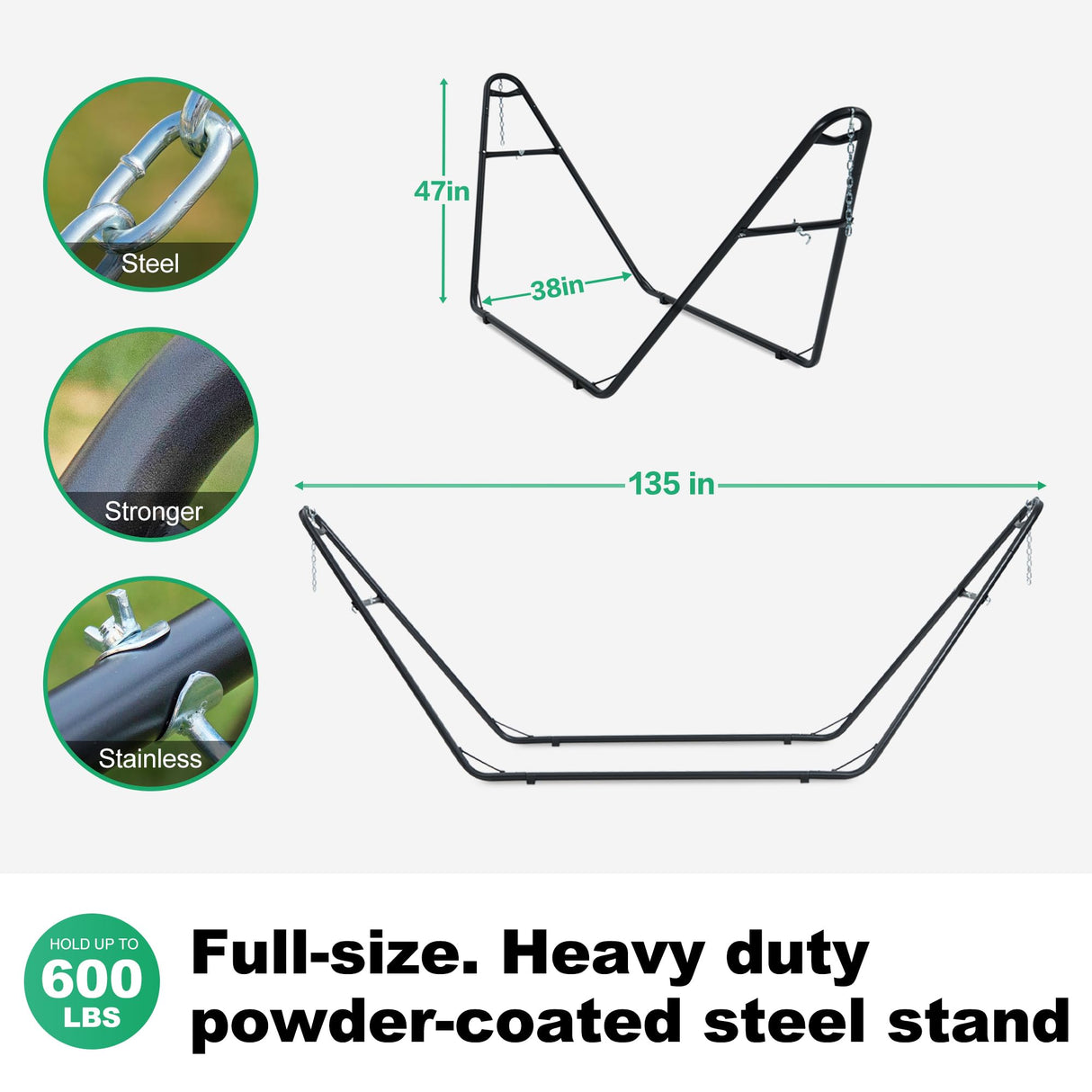 gafete Universal 2 Person Hammock Stand Only, 600 lbs Capacity, Adjustable Heavy Duty Powder-Coated Steel Stand, Multi-Use, Fits 9ft to 14ft Hammocks, XXL Size (Black) gafete