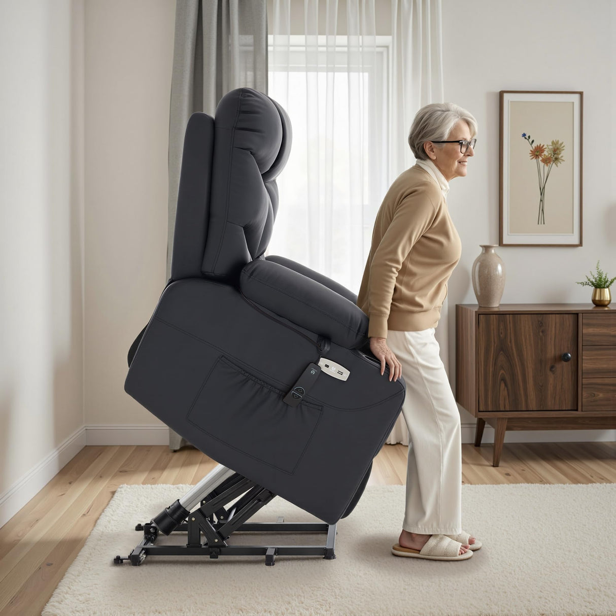 MCombo Oversized Power Lift Recliner Chair with Extended Footrest for Elderly People, Faux Leather R7289 (Black, Oversize) MCombo