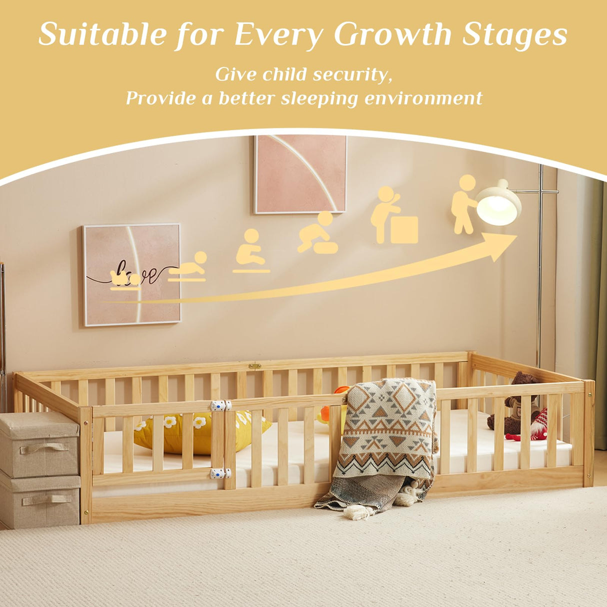 Karl home Toddler Floor Bed with Door and Fence for Kids, Montessori Bed with 12 Slats and Safety Guardrails,Kids Bed Solid Wood Twin Bed Frame for Girls, Boys (Natural) Karl home