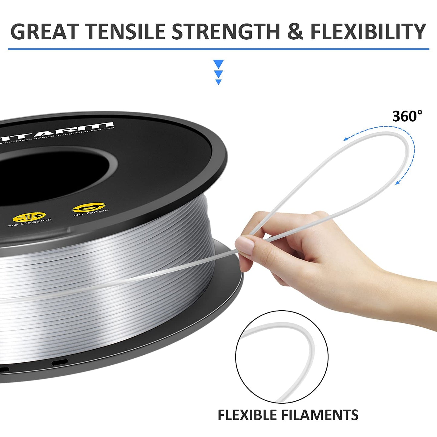 GIANTARM Silk Metallic Silver PLA 3D Printer Filament 1kg Spool, 1.75mm Dimensional Accuracy +/-0.03mm, 1080 Feet per Roll, Vacuum Packaging - WoodArtSupply