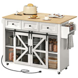 RALGEND Kitchen Island with Storage, Kitchen Cart with Charging Station, Rolling Kitchen Island Table with Drop-Leaf, 3 Drawers, Barn Doors, Towel Rack and Spice Rack, White and Natural RALGEND