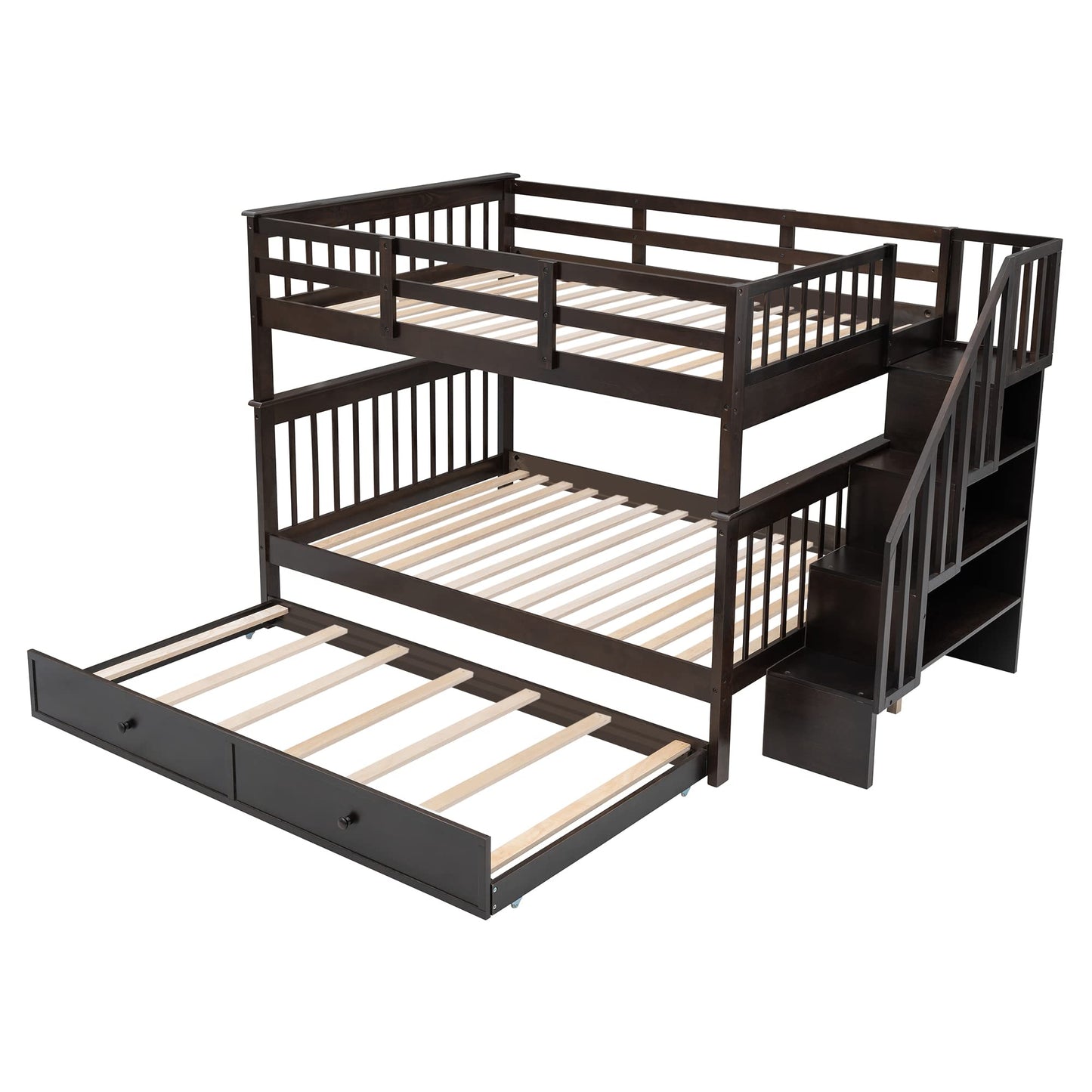 MERITLINE Wooden Bunk Bed Frame, Full Over Full Bunk Bed with Trundle, Bunk Beds with Stairs Full Size, Trundle Bunk Beds, Convertible Bunk Bed for Kids(Espresso)