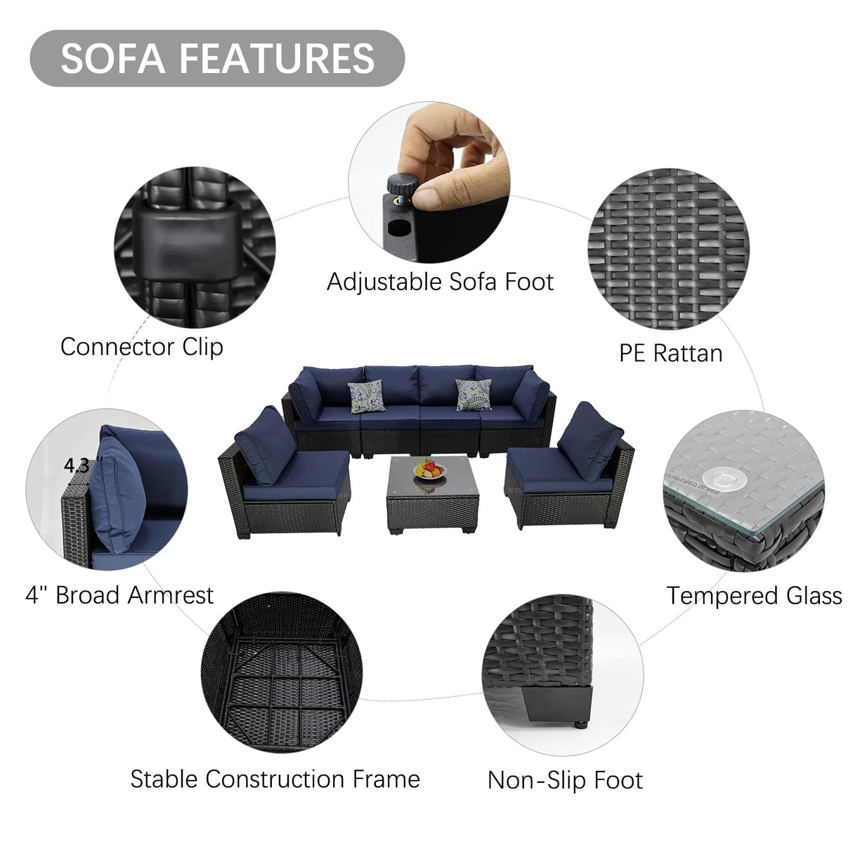 OUGMMGOU 7 Piece Patio Furniture Set, All-Weather Wicker Outdoor Conversation Set with Sectional Sofa, Rattan PE Wicker Seating, Glass Coffee Table, and Cushions (Coffee-Dark blue, Z7) OUGMMGOU