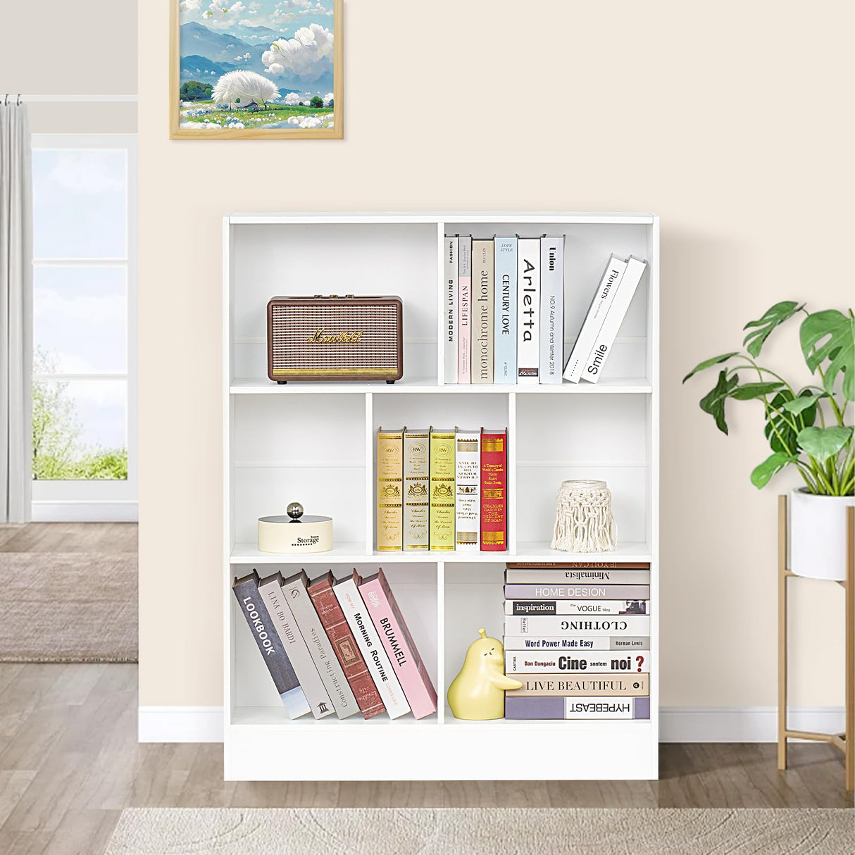 YAHARBO White 7 Cube Bookshelf,3 Tier Modern Horizontal Bookcase,Wooden Low Book Shelf Display Storage Cabinet with Base,Floor Standing Short Bookshelves Open Organizer for Bedroom,Living Room,Office YAHARBO