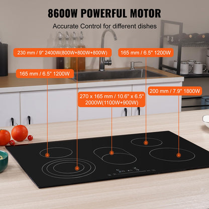 VEVOR Built in Electric Stove Top, 30 inch 5 Burners, 240V Glass Radiant Cooktop with Sensor Touch Control, Timer & Child Lock Included, 9 Power Levels for Simmer Steam Slow Cook Fry