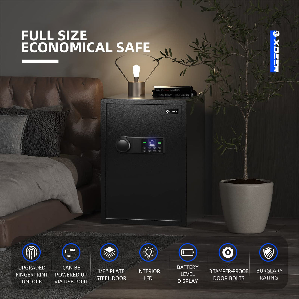 XDeer Biometric Safe Box, Quick-Access Security Safe Box with Upgraded Fingerprint, Steel Handgun Safe Lock Box for Kid/Home/Office (2.04 Cubic Feet) XDeer