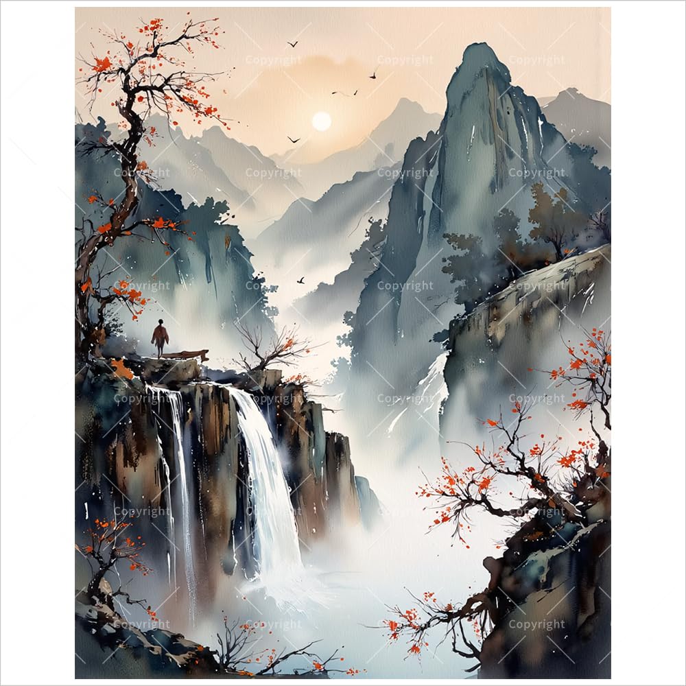 Chinese Landscape Paint by Numbers Kit for Adults - DIY Mountain Waterfall Painting on Canvas 16x20 Inches, Acrylic Paint Set, Suitable for Beginners, Traditional Asian Art Kit for Home Decoration TAOPAOLAB