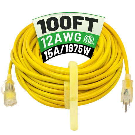 POWGRN 100 ft 12/3 Outdoor Extension Cord Waterproof Heavy Duty with Lighted Indicator End 12 Gauge 3 Prong, Flexible Cold-Resistant Long Power Cord Outside, 15Amp 1875W SJTW Yellow ETL Listed POWGRN