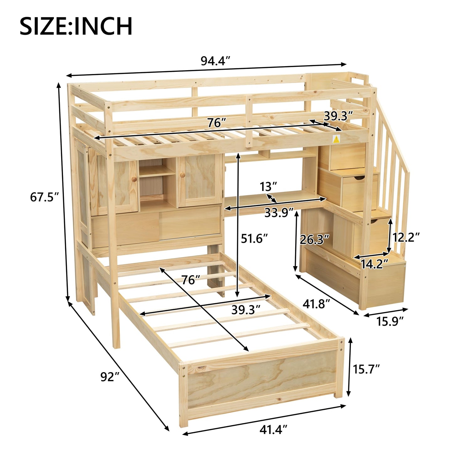 Harper & Bright Designs Twin Size Loft Bed with Built-in Desk and Staircase, Wood Twin Over Twin Bunk Bed with Storage Compartments and Shelves, L-Shaped Design, Natural