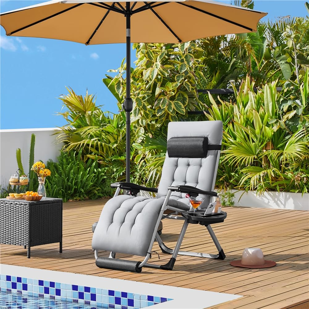 Yaheetech 26in Zero Gravity Chair Set of 2 Reclining Outdoor Sun Lounge Chairs w/Removable Cushion, Cupholder, Headrest and Footrest for Indoor and Outdoor - Gray Yaheetech