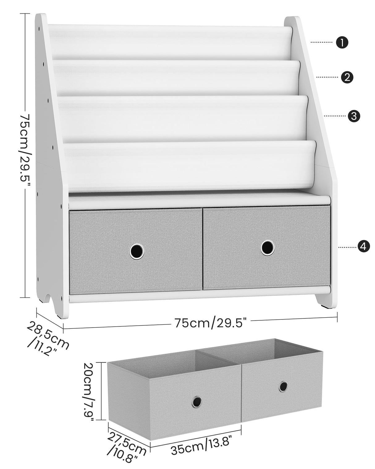 CHOEZON Kids Bookshelf and Toy Storage, 4 Tier Large Capacity Kids Book Rack, Sling Kid Bookcase, for Kids Room, Nursery, Playroom, White and Gray MCW06WT CHOEZON