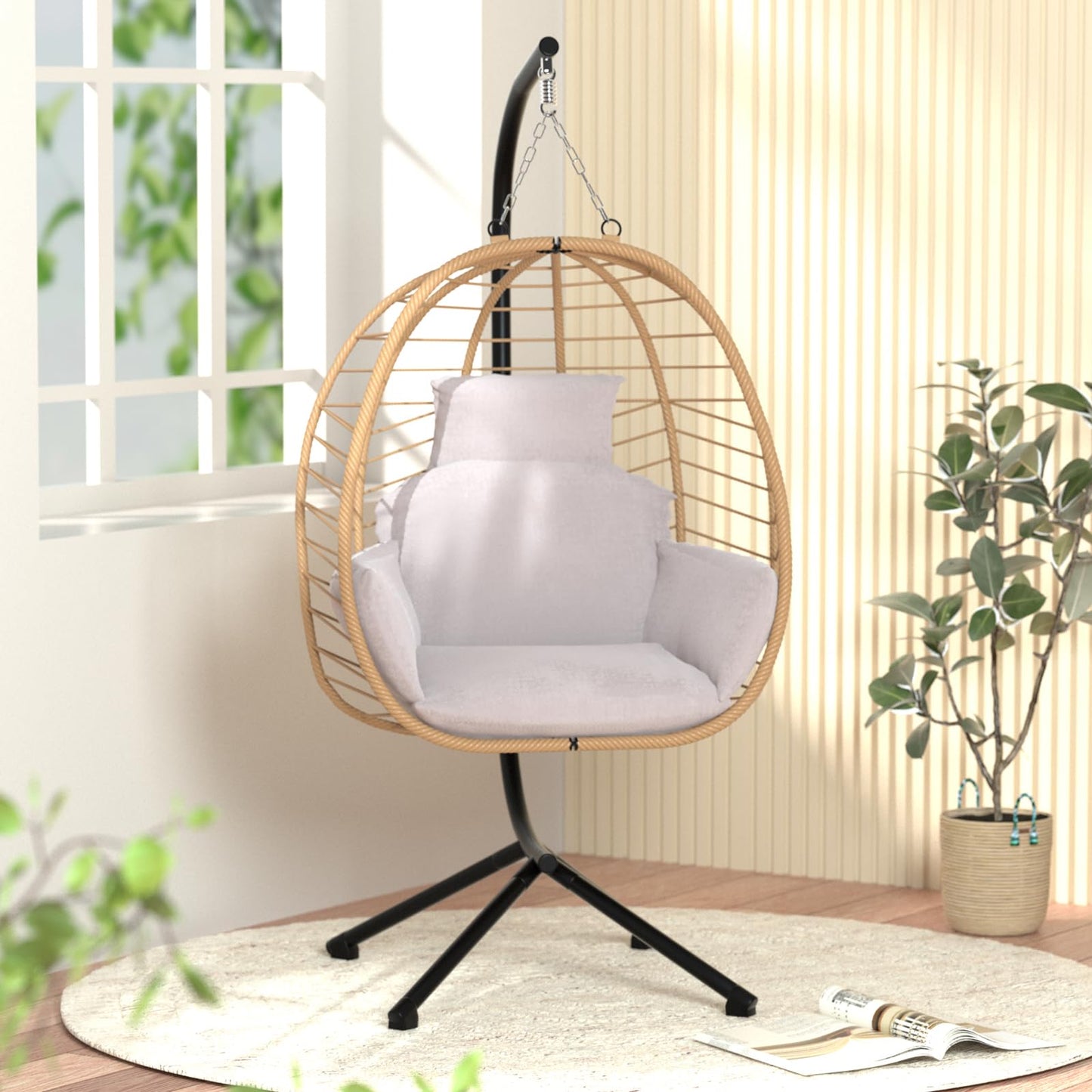 VARVIND Hanging Egg Chair with Stand Patio Hammock Swing Chair, Basket Wicker Rattan Adjustable Height UV Resistant Indoor Outdoor Use 350Lbs Beige Grey - WoodArtSupply