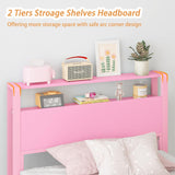 Weehom Twin Bed Frames for Kids with 2 Tiers Wood Storage Shelves Headboard, Twin Size Bed No Box Spring Needed Under Bed Storage Space Metal Platform for Girls and Adults, Pink Weehom