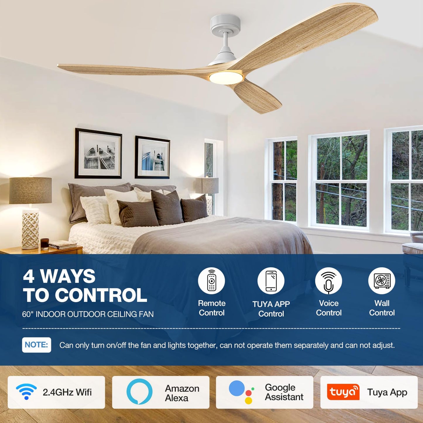 60 Inch Smart Ceiling Fan with Lights, Wood Blades Ceiling Fan with Remote, Alexa, App Controls, Quiet DC Motor 6 Speed, Timing, High CFM, Dimmable LED Light for Home Office, White + Natural Wood