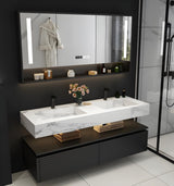 Double Sink Bathroom Vanity, Floating Bathroom Vanity with LED Smart Defogging Mirror and One-Piece Sink, Modern Bathroom Vanities with Open Floating Shelf, Rock Countertop & Faucet (Black,72") LUTHXAY