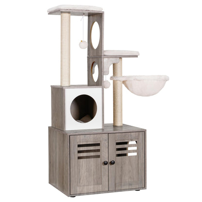 Heybly Cat tree, Wood Litter Box Enclosure with Food Station, All-in-one Indoor Cat Furniture with Large Platform and Condo, Modern Style Cat Tower, Hammock, Rustic Brown HCT103SG - WoodArtSupply