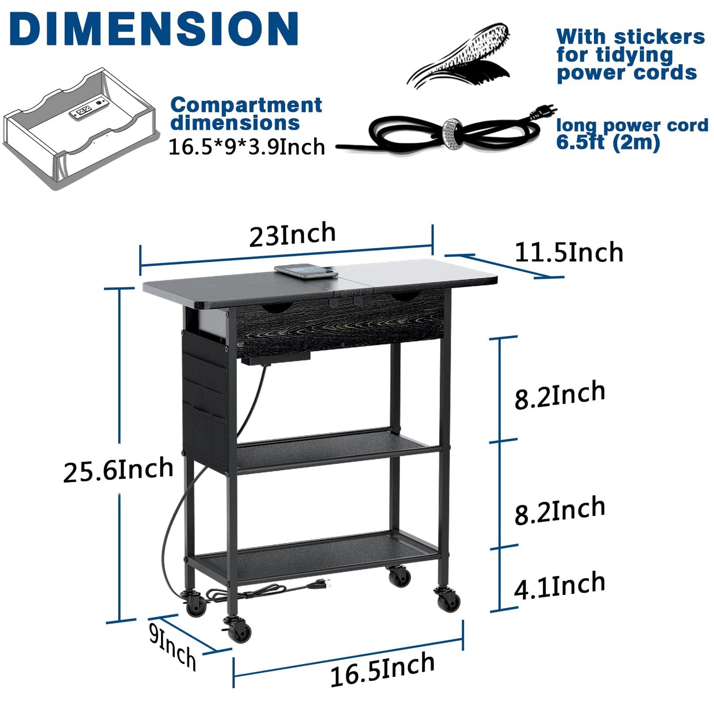 Slim Side Table with Wheels, USB Ports and Outlets, Rolling Narrow End Table with Charging Station and Bag, Flip Top Nightstand with Hidden Storage Shelves for Living Room Bedroom Small Space - WoodArtSupply