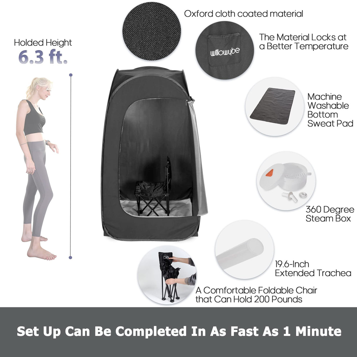 WillowyBe Portable Steam Sauna, Personal Home Spa Room With Bluetooth, Steamer, Sweat Tent, Foldable Sauna Chair, Personal Sauna For Home (Black) WILLOWYBE