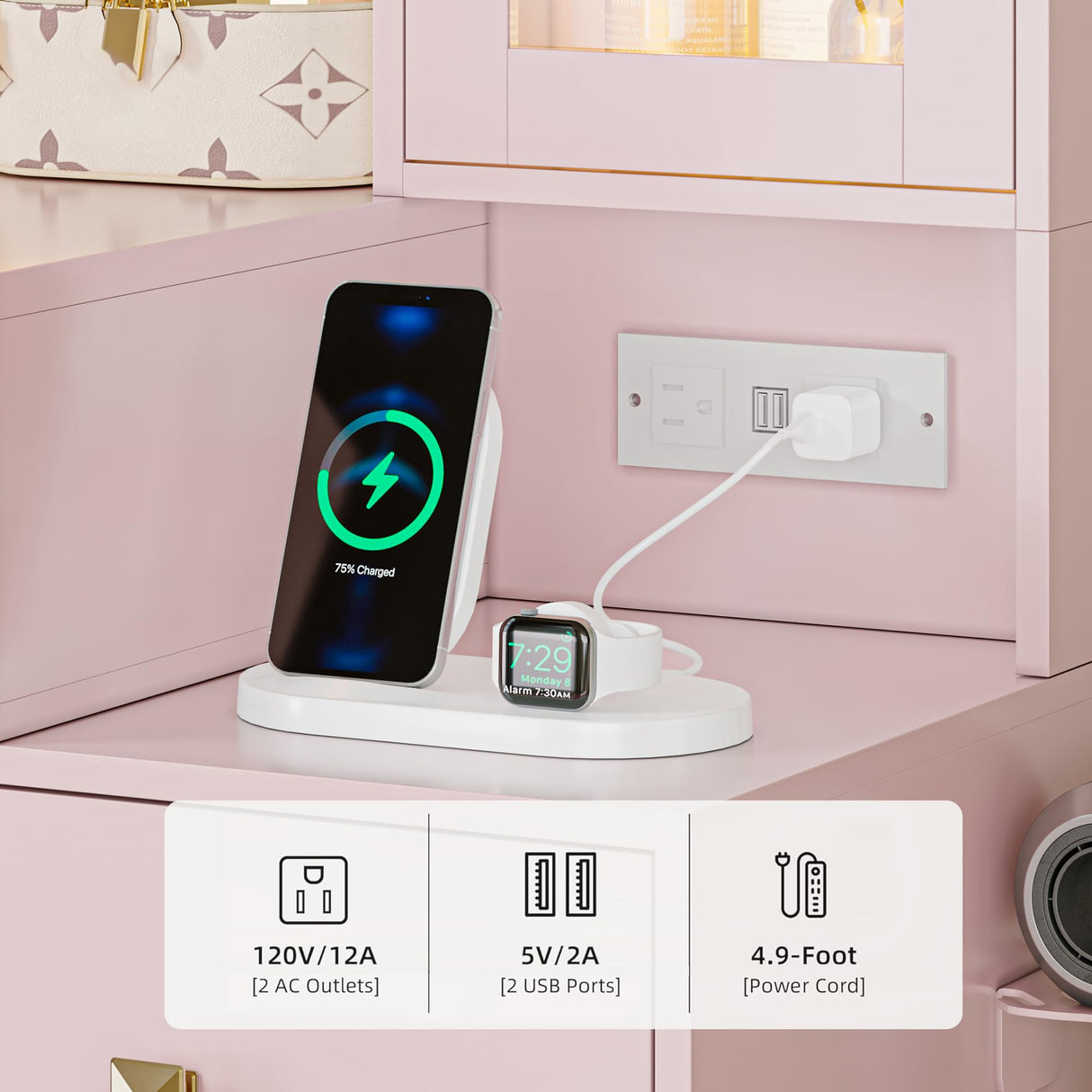 Vanity Desk with Mirror and Lights, Pink Makeup Vanity with 5 Drawers Hidden Jewelry Organizer& LED Glass Cabinet,3 Lights Mode and Brightness Adjusted,Vanity Mirror with Lights Desk and Chair HUANLEGO