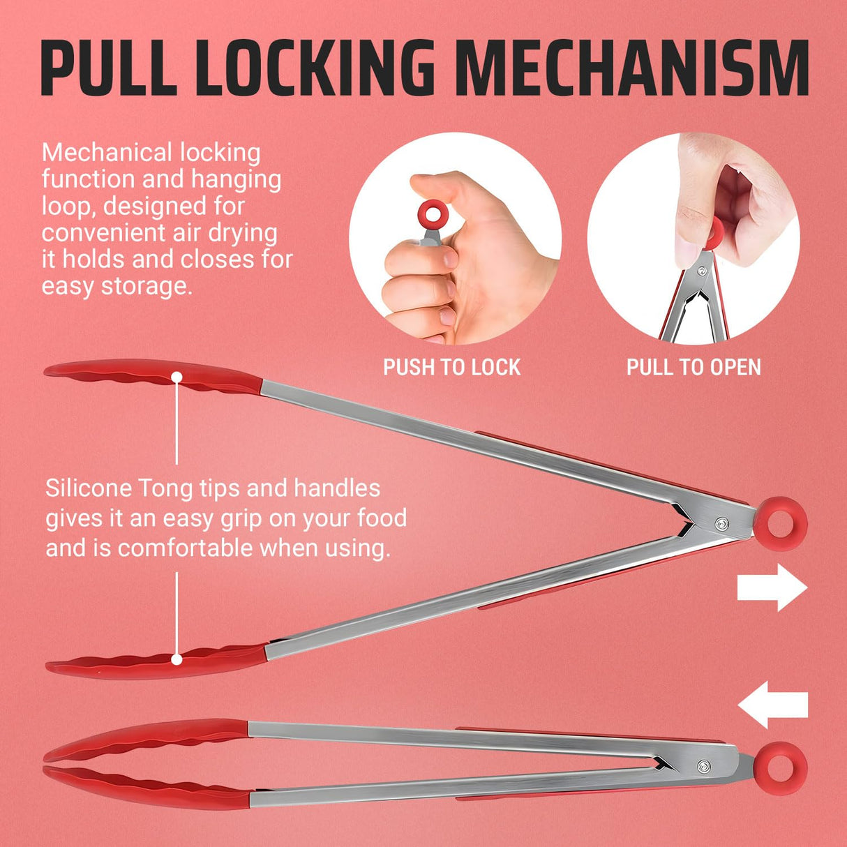 Kaluns Kitchen Tongs for Cooking Grilling Set of 4, BBQ Grill Tongs With Silicone Tip Stainless Steel Heat Resistant, Non-stick Pull Lock, Incl 7, 9, 12 Inch Tong Plus a Silicone Spatula Kaluns