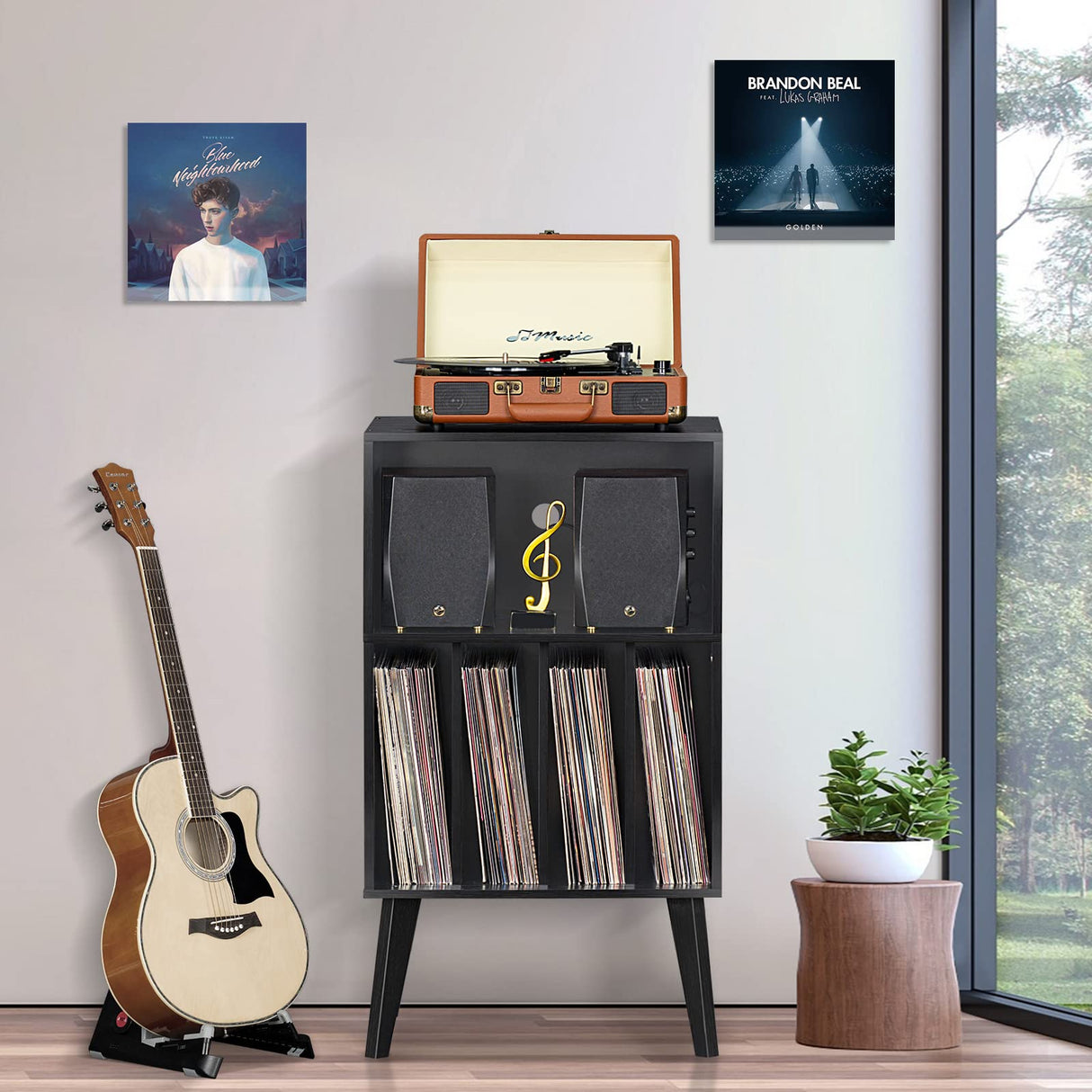 Lerliuo Record Player Stand, Black Turntable Stand Holds up to 160 Albums, Mid-Century Vinyl Storage Cabinet Table with Solid Wood Legs, Record Player Holder Dispaly Shelf for Bedroom Living Room Lerliuo