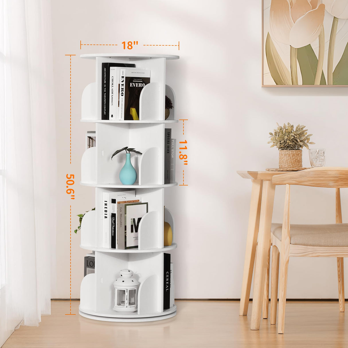 Rengue Rotating Bookshelf Tower, 4 Tiers 360 Spinning Bookshelf Revolving Bookcase Corner Bookshelf Organizer Display Bookshelf for Small Space, Bedroom, Living Room, Office, White Rengue