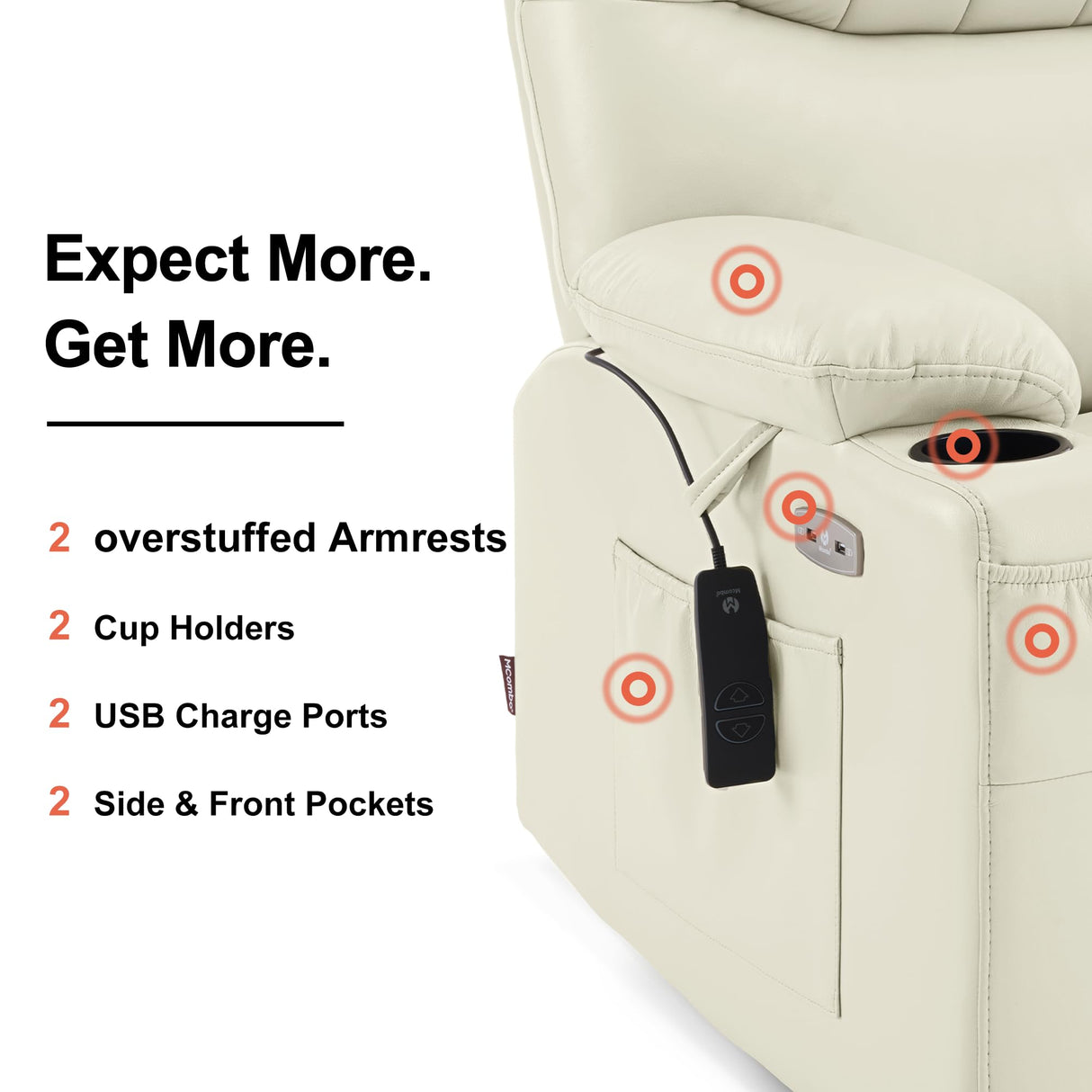 MCombo Oversized Swivel Glider Rocker Power Recliner Chair for Living Room with Heat and Vibration Massage, USB Ports, Cup Holders and Pockets, Faux Leather 7785 (Milk White) MCombo