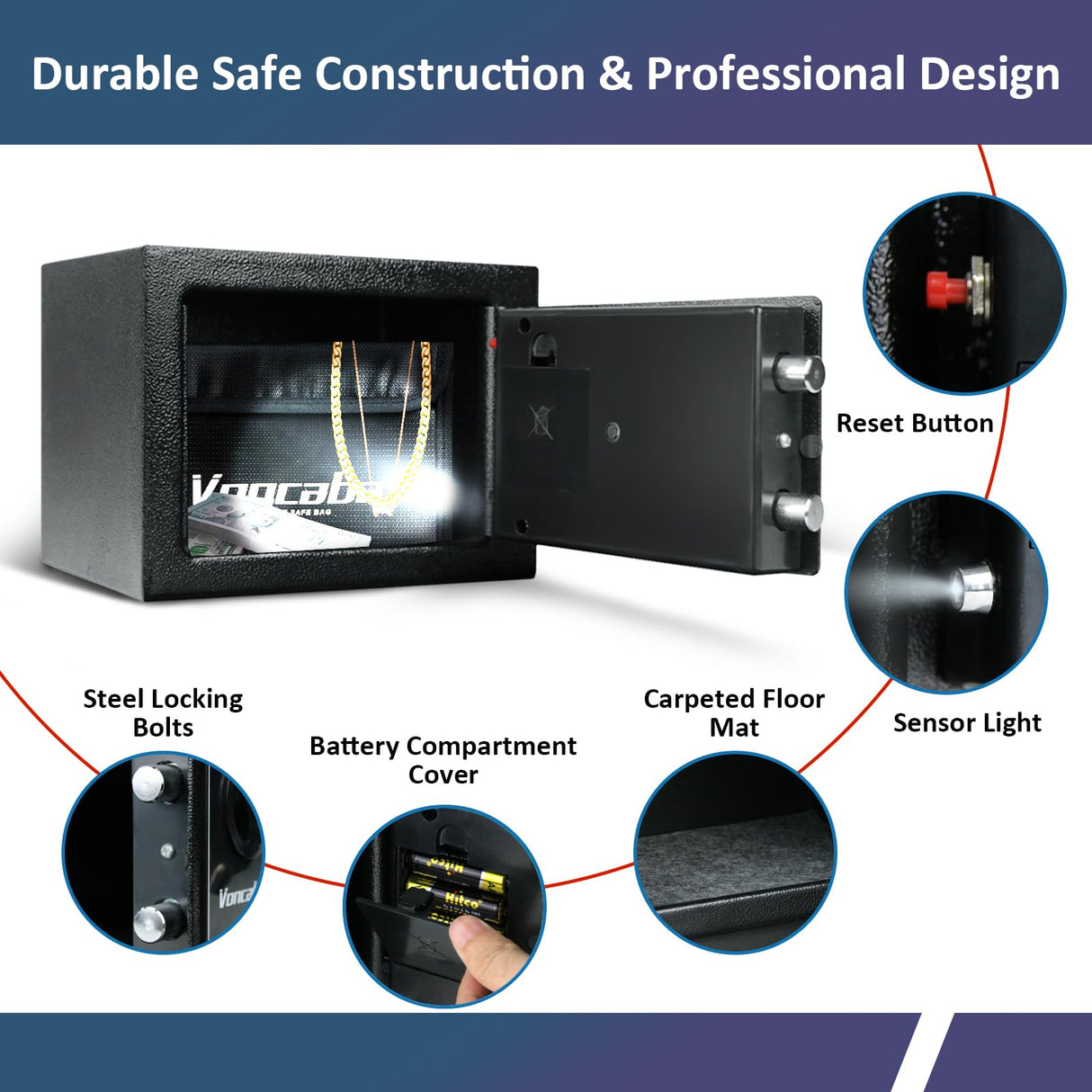 Voncabay Money Safe Box for Home with Sensor Light & Fireproof Security Safe Box for Money Safe with Keys & Pass Code, Lock Box Fireproof Safe with Digital Keypad Voncabay