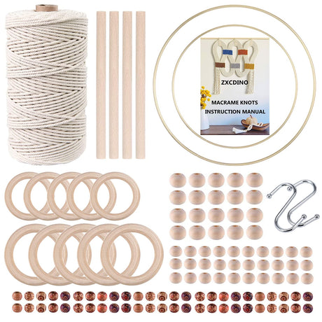 ZXCDINO 119pcs Macrame Kits for Starter 3mm x 109Yards Natural Cotton Macrame Cord with 100pcs Wooden Beads,10pcs Wooden Rings,Wooden Sticks,Metal Rings,S Hooks Macrame Supplies for Plant Hangers ZXCDINO