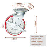 Nisorpa 6 inch Heavy Duty Casters Set of 4 Swivel Steel Wheels Red Polyurethane Lockable Caster Wheels for Industrial Trailer, Furniture - 2 with Brakes and 2 without Brakes Nisorpa