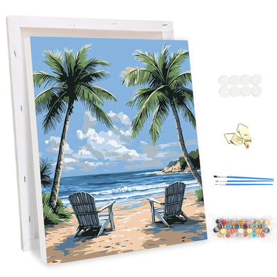 EOBROMD Framed Paint by Numbers Kits for Adults Sunny Beach Palm, DIY Kits Crafts for Beginner, Painting on Stretched Canvas, Oil Paint by Numbers for Home Decor Gift 12x16inch