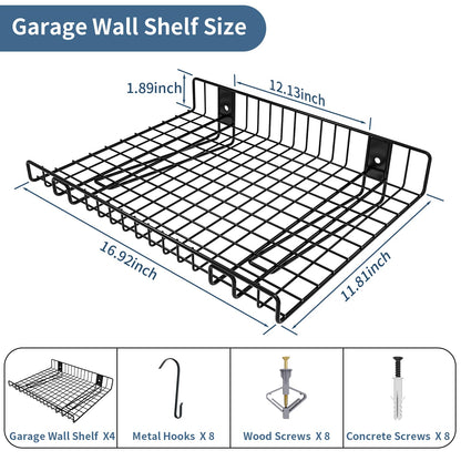 4 Pack Garage Wall Shelf, Wall Mounted Storage Shelves, Heavy Duty Metal Shelves for Room Wall, Loads 260 LBS Floating Shelves Mesh Storage Rack for Garage, Office, Basement,Wall Cabinet and Kitchen