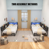 KEIKI Twin Size Corner Bed Frames with Storage Drawers, Charging Station, Led Light & Bookcase Headboard, Wooden & Metal L-Shaped Captain Daybed for Small Room, Bedroom, Guest Room, kids'Room, Black KEIKI