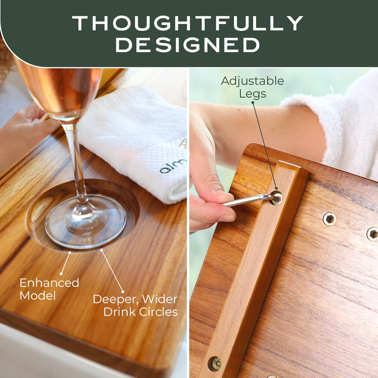 Fjord Teak Bathtub Tray - Towel & Gift Box Bundle - Sustainable Minimalist Wood Bath Tray for Tub - Fits Standard Bathtubs - Relaxing Bathtub Accessories Holder - Bath Caddy 29x8.5 in. Alma Japandi