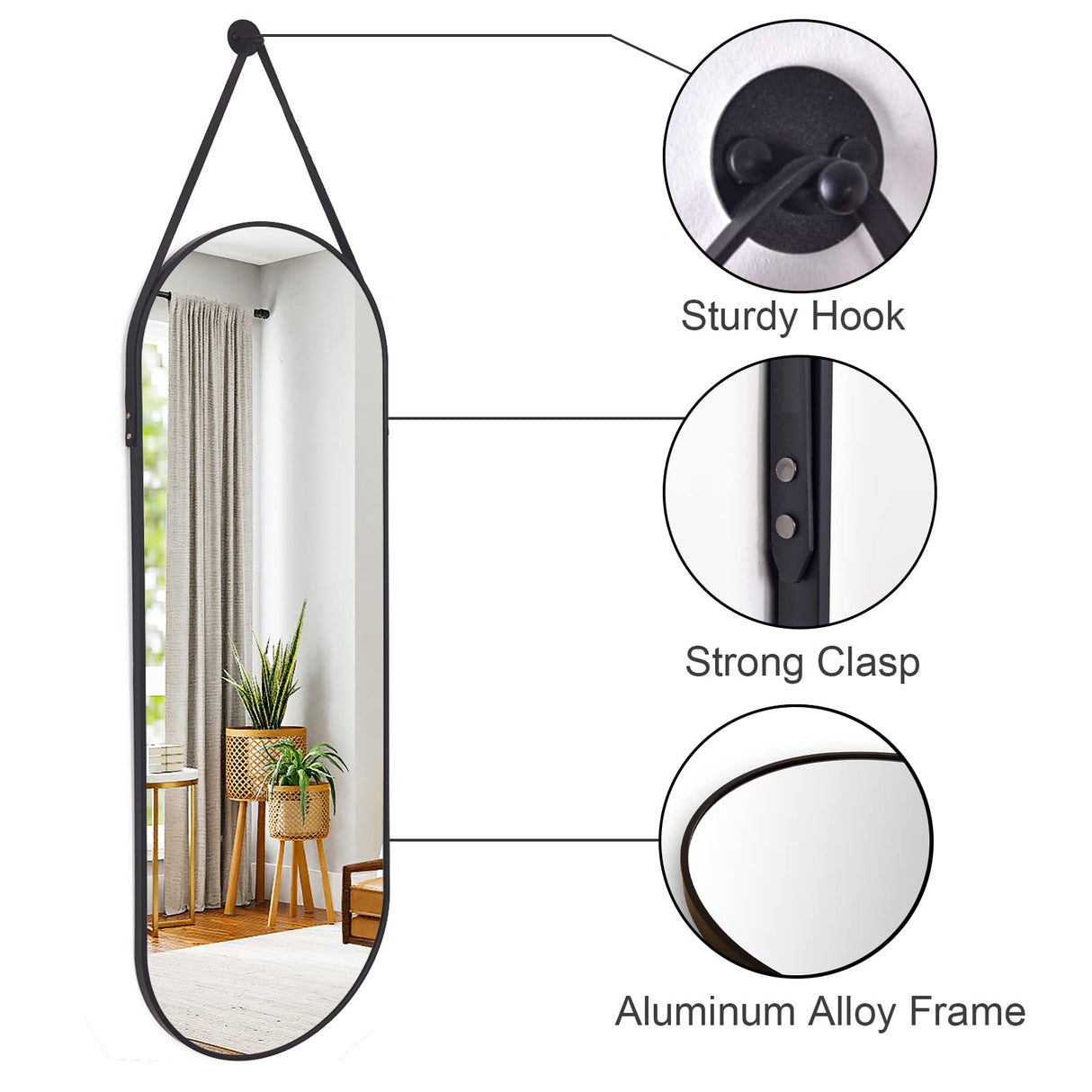 HARRITPURE 16"x48" Oval Hanging Mirror with Leather Strap Full Length Mirror Aluminum Frame Wall-Mounted Hanging Mirrors for Bathroom Vanity Living Room Bedroom Entryway Decor HARRITPURE