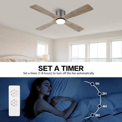 WINGBO 48 Inch Flush Mount DC Ceiling Fan with Lights and Remote, 4 Reversible Carved Wood Blades, 6-Speed Noiseless DC Motor, Hugger Ceiling Fan in Graphite Finish with Gray Blades, ETL Listed