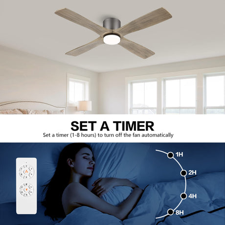 WINGBO 48 Inch Flush Mount DC Ceiling Fan with Lights and Remote, 4 Reversible Carved Wood Blades, 6-Speed Noiseless DC Motor, Hugger Ceiling Fan in Graphite Finish with Gray Blades, ETL Listed WINGBO