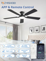 ZMISHIBO 52 Inch Ceiling Fan with Light, App&Remote Control, Flush Mount Low Profile, Dimmable 20W LED Light, Quiet Reversible Motor for Bedroom, Living Room, Apartment, Black ZMISHIBO