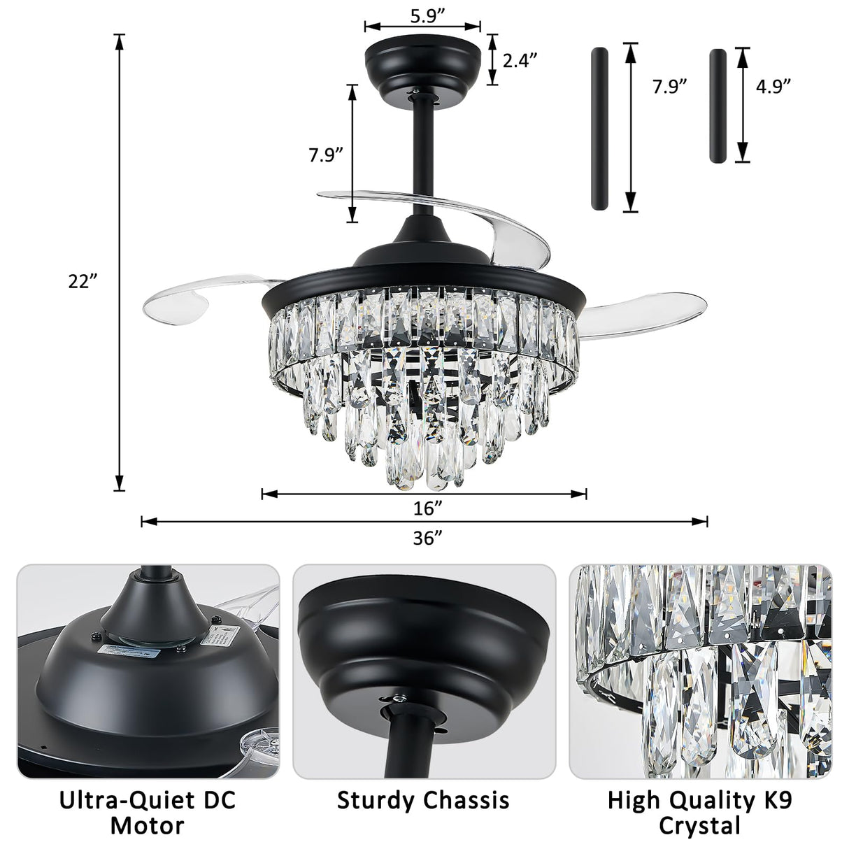 LEONTYNE 36 inch Fandelier Ceiling Fan with Light and Remote LED Dimmable Crystal Ceiling Fan 3 Blades 6 Speeds Invisible Retractable Ceiling Fan for Bedroom Living Room Dining Room (Black) LEONTYNE