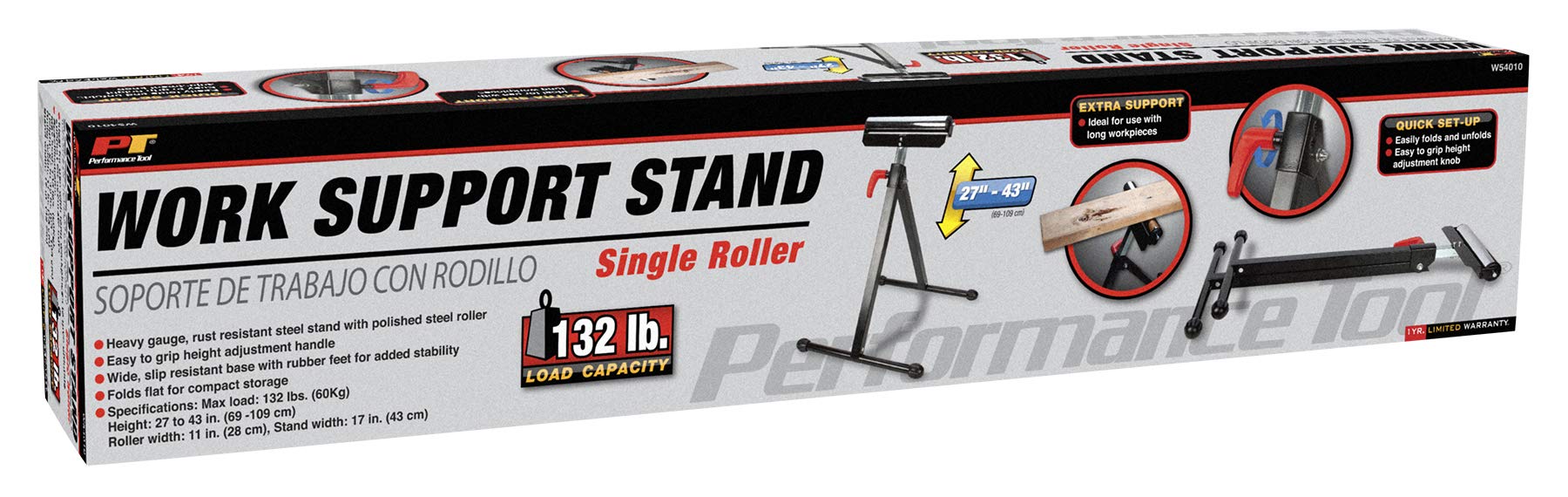 Performance Tool W54010 Roller Support Stand, Max Load: 132lbs (60Kg), Height: 27-Inch to 43-Inch (69-109cm), Width: 11-Inch (28cm) - WoodArtSupply