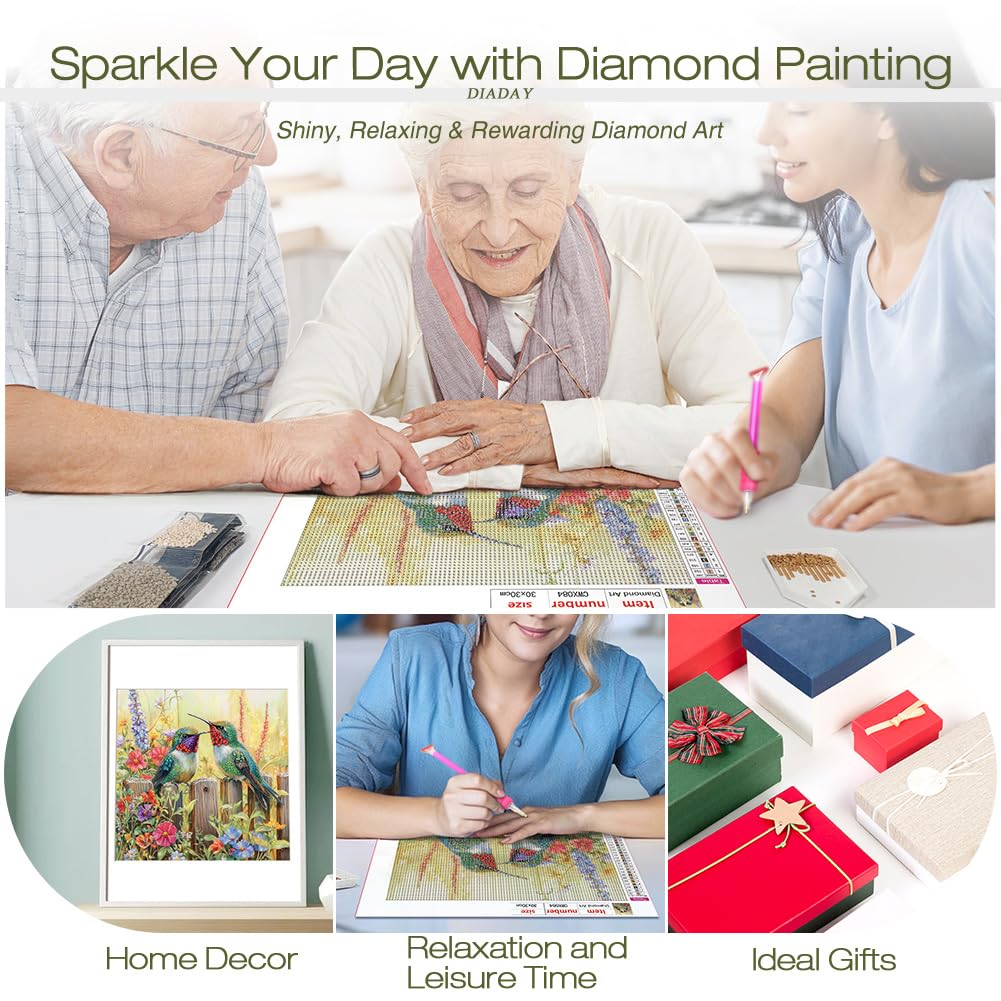 DIADAY Two Hummingbirds Diamond Art Kits for Adults, Birds Diamond Painting Kits for Adults, 5D Full Drill Round Diamond Art, DIY Gem Craft Arts Home Wall Decor Gift 12 x 12 Inches DIADAY