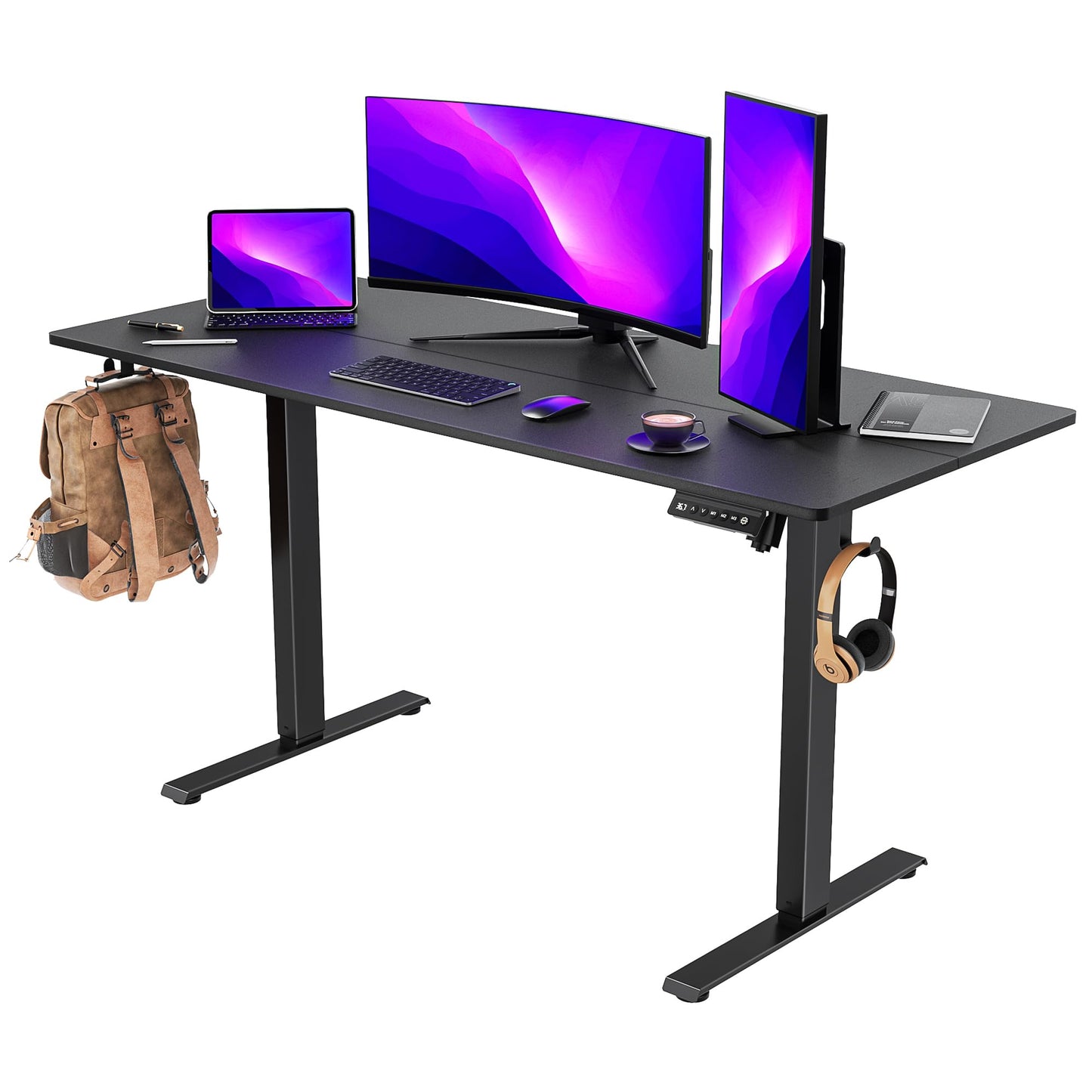 VVENACE 55 x 24 Electric Standing Desk Adjustable Height 4 Memory Preset, 4 Wheels, 2 Headphone Hook, Home Office Desk, Stand Up Sit Stand Desk Computer Table, Splice Board Black