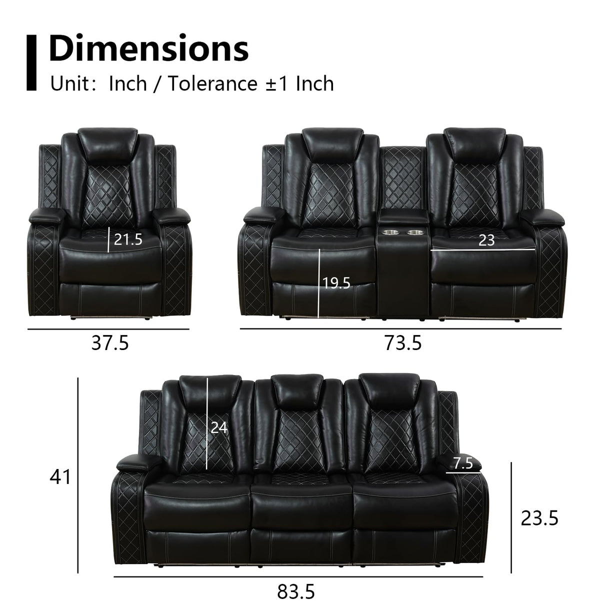 SIENWIEY Power Leather Recliner Sofa Set with LED Light,Leather Couch Set for Reclining Sofa with Drop-Down Table/Loveseat with Storage Console/Single Chair 3 PCS Living Room Furniture(Black,3+2+1) SIENWIEY