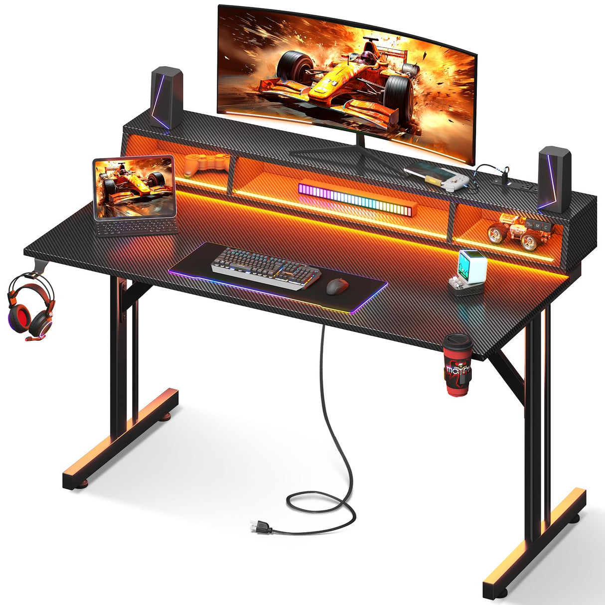 MOTPK Gaming Desk with Float Monitor Stand, Computer Desk 48inch with Shelves & Power Outlet, Gamer Desk Gaming Table with LED Lights, Kids Boys Gaming Desk, Black MOTPK