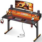 MOTPK Gaming Desk with Float Monitor Stand, Computer Desk 48inch with Shelves & Power Outlet, Gamer Desk Gaming Table with LED Lights, Kids Boys Gaming Desk, Black MOTPK