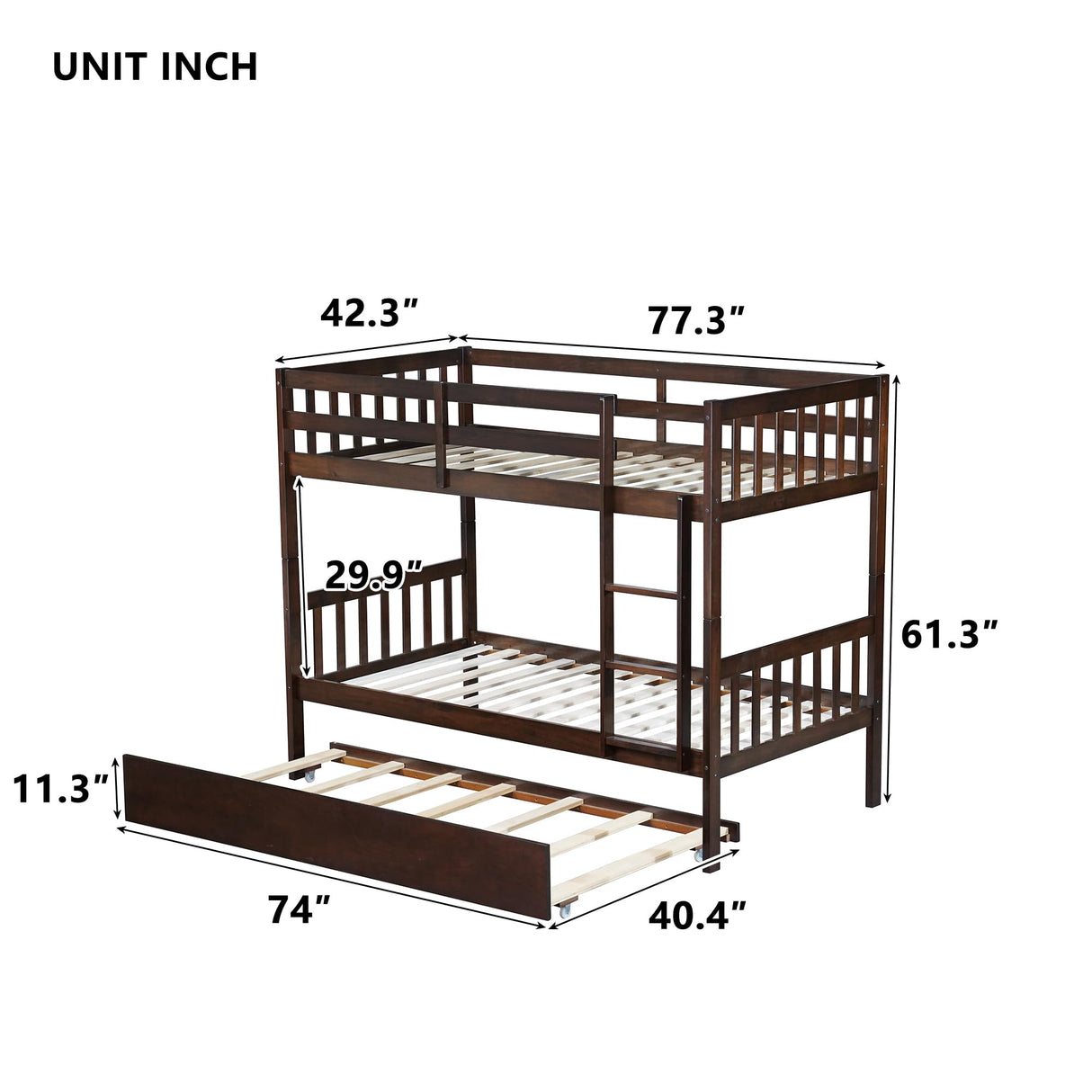PVWIIK Convertible Bed Frame/Twin Size Rubber Wood Bunk Bed with Trundle for Kids/Boy/Girl Bedroom,Twin Over Twin Bunk Bed with Ladder and Safety Guardrails,No Box Spring Needed,Espresso PVWIIK