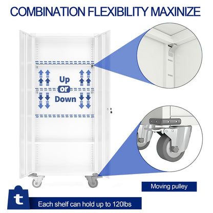 Aobabo 72 Inch Locking Metal Garage Home Office Storage Cabinet with Universal Rubber Wheels/Lockable Casters and Magnetic Doors, White